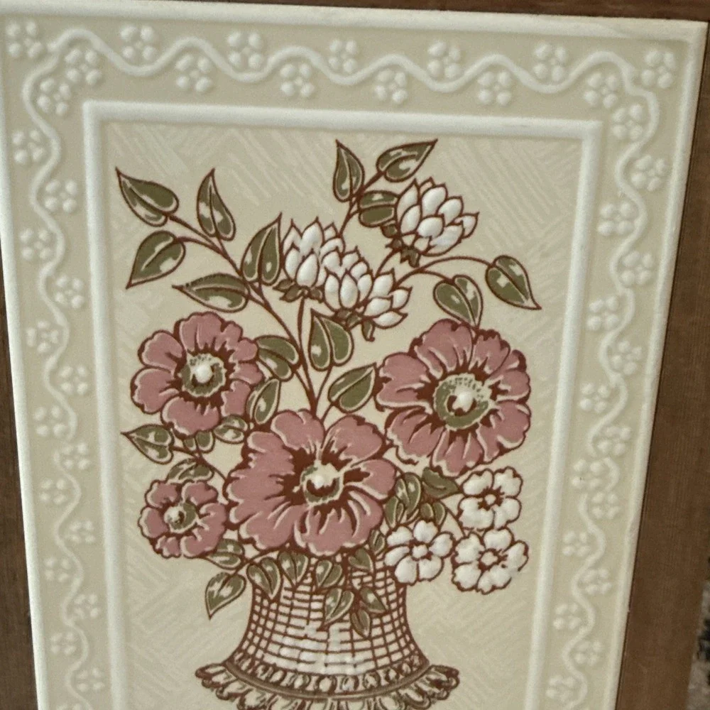 Vintage SIENA Art Ceramic Floral Basket Wall Decor Framed 7 1/2